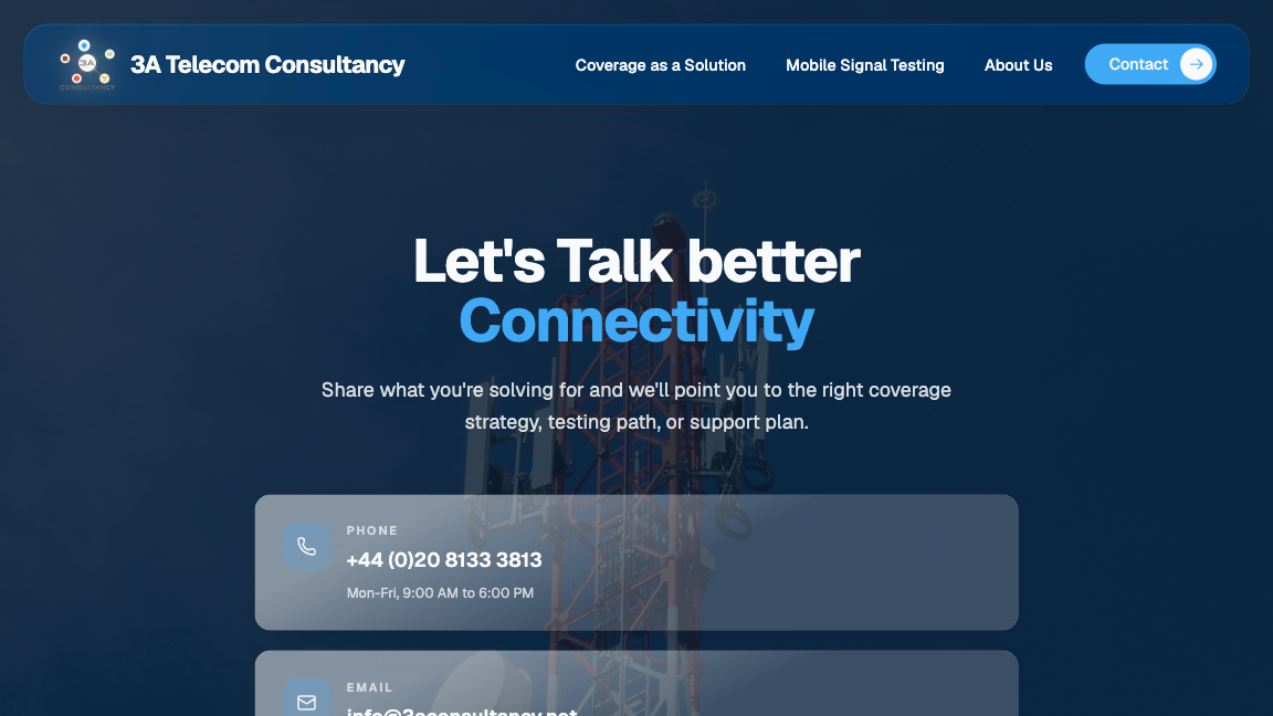3A Telecom Consultancy company website contact page